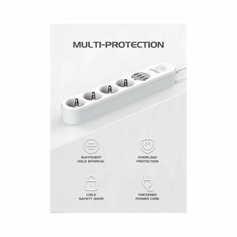 Ldnio Πολύπριζο Ασφαλείας 4 Θέσεων με Διακόπτη, 4 USB και Καλώδιο 2m Λευκό (SE4432)