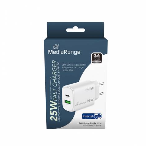 MediaRange 25W GaN Fast Charging Adapter (EU-Plug), 1x USB-C and 1x USB-A, USB-C® Power Delivery and Quick Charge enabled, White) (MRMA112-2)