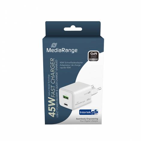 MediaRange 45W GaN Fast Charging Adapter (EU-Plug), 1x USB-C and 1x USB-A, USB-C® Power Delivery and Quick Charge enabled, White(MRMA113-2)