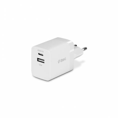 ttec SmartCharger Duo 45W PD Travel Charger USB-C+USB-A White (2SCP02B) (TTEC2SCP02B)