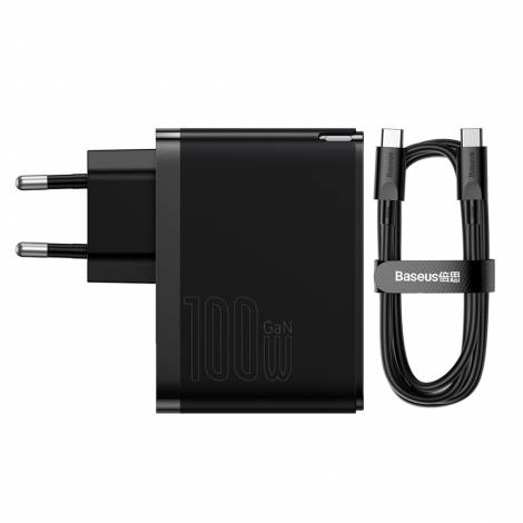 Baseus Φορτιστής GaN με Θύρα USB-A και Θύρα USB-C και Καλώδιο USB-C - USB-C 100W Power Delivery / Quick Charge 4+ Μαύρος