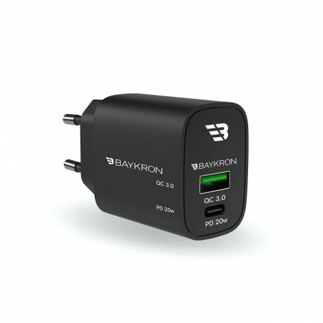Baykron Smart Wall Adapter USB A και Type-C Power Delivery 20W +QC3.0 36W Συνολικά Μαύρος BKR-SL-WC-PDQC-EU