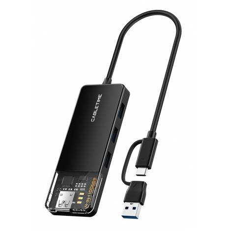 CABLETIME USB hub CT-HUBT5-PB, 4x θυρών, 10Gbps, USB/USB-C σύνδεση, μαύρο