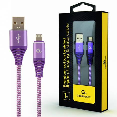 CABLEXPERT PREMIUM COTTON BRAIDED LIGHTNING CHARGING AND DATA CABLE 1M PURPLE/WHITE RETAIL PACK
