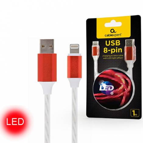 CABLEXPERT USB 8-PIN CHARGE & DATA CABLE WITH LED LIGHT FX 1M RED