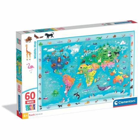Clementoni Παιδικό Παζλ Maxi Super Color Χάρτης με Ζώα του Κόσμου 60 τμχ