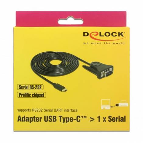DELOCK Adapter USB Type-C σε Serial DB9 RS-232, 1.8m, Black  (62964)