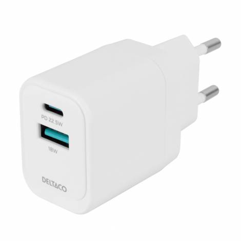 Deltaco Φορτιστής Τοίχου, 1x USB-A 18 W, 1x USB-C PD 20 W, Λευκός USBC-AC154