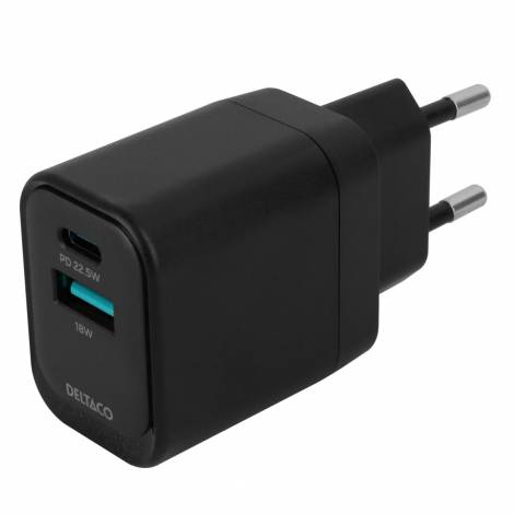 Deltaco Φορτιστής Τοίχου, 1x USB-A 18 W, 1x USB-C PD 20 W, Μαύρος USBC-AC153