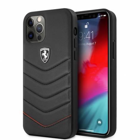 Ferrari “Off Track” Quilted Leather Case Θήκη προστασίας από γνήσιο καπιτονέ δέρμα – iPhone 12 / iPhone 12 Pro (Μαύρη/Quilted Leather/3D Logo) FEHQUHCP12MBK
