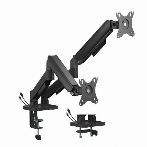GEMBIRD ADJUSTABLE DESK 2-DISPLAY MOUNTING ARM WITH USB PORTS, 17”-32” BLACK