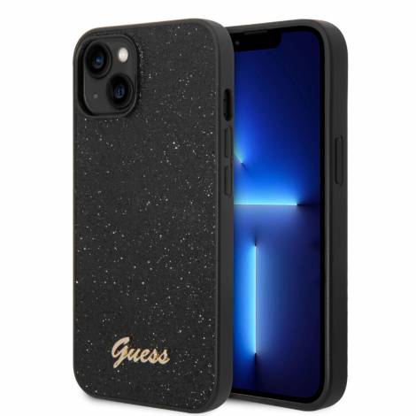 Guess Glitter Flakes Case with Ikonik Patch and Vintage Script Logo Θήκη προστασίας από σιλικόνη – iPhone 14  (Glitter Black)