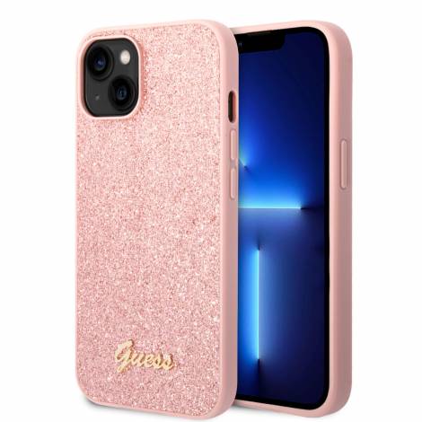 Guess Glitter Flakes Case with Ikonik Patch and Vintage Script Logo Θήκη προστασίας από σιλικόνη – iPhone 14  (Glitter Pink)