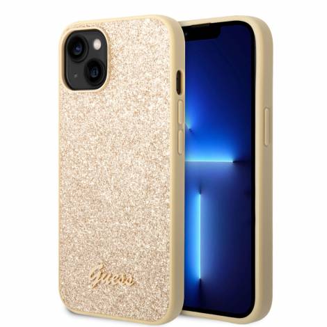 Guess Glitter Flakes Case with Ikonik Patch and Vintage Script Logo Θήκη προστασίας από σιλικόνη – iPhone 14 Plus (Glitter Gold)