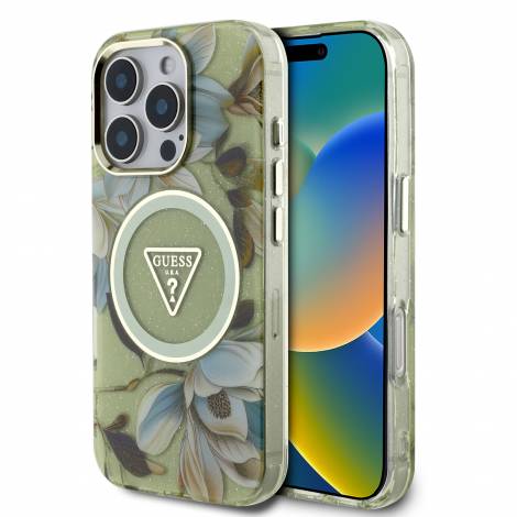 Guess - IML Glitter Magnolia Triangle Logo MagSafe Θήκη για iPhone 16 Pro – Green