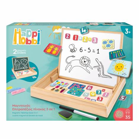 HappiHobbi Magnet Ξύλινος Μαγνητικός Επιτραπέζιος Πίνακας 2 Όψεων Με 35 Εκπαιδευτικούς Μαγνήτες Για