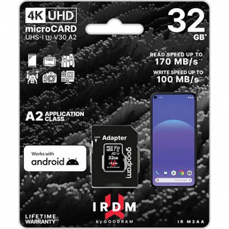 IRDM MICRO SD CARD 4K 170MBPS 32GB V30 A2 UHS I U3 PLUS ADAPTER