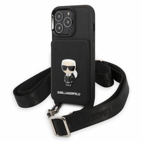 Karl Lagerfeld Crossbody Metal Ikonik Saffiano Hard Case Karl's Head Θήκη προστασίας από δερματίνη με λουράκι – iPhone 13 Pro (Μαύρο - KLHCP13LSAIPCK)