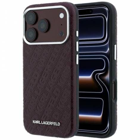 Karl Lagerfeld Grained Allover Logo Metal Elongated Case for iPhone 18 Pro / 17 Pro – Burgundy – Θήκη Προστασίας για iPhone 18 Pro / 17 Pro σε Μπορντό Χρώμα