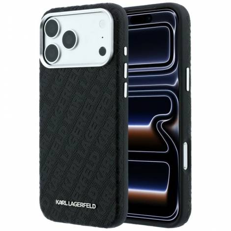 Karl Lagerfeld Grained Allover Logo Metal Elongated MagSafe Case for iPhone 18 Pro / 17 Pro – Black – Θήκη Προστασίας για iPhone 18 Pro / 17 Pro σε Μαύρο Χρώμα