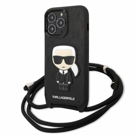 Karl Lagerfeld Monogram with Patch and Cord PU Leather Case Head Θήκη προστασίας από δερματίνη με λουράκι – iPhone 13 Pro (Μαύρο - KLHCP13LCMNIPK)