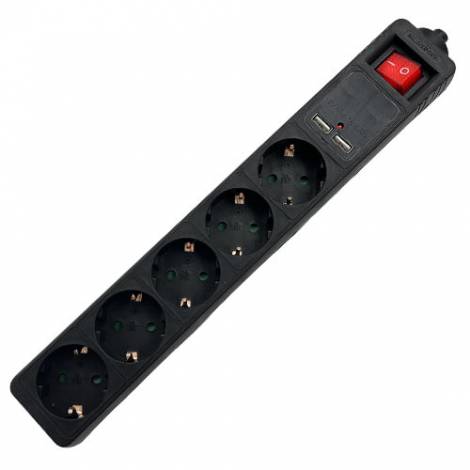 LAMTECH 5WAY SURGE PROTECTOR WITH 2xUSB 5xSCHUKO BLACK