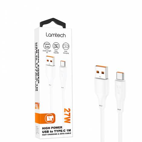 LAMTECH HIGH POWER CABLE USB TO TYPE-C 1M 27W WHITE