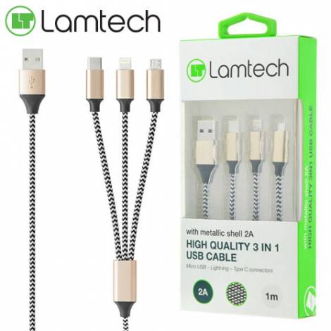 LAMTECH HIGH QUALITY 3 IN 1 USB CABLE WITH METALLIC SHELL GOLD 1M