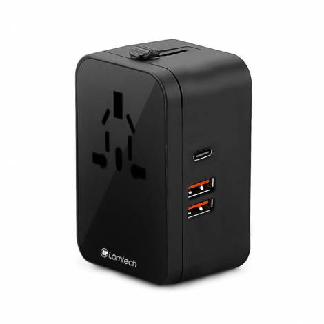 LAMTECH UNIVERSAL POWER TRAVEL ADAPTER 2XUSB 1XTYPE-C 20W BLACK