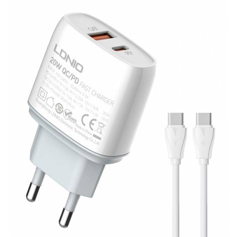 LDNIO φορτιστής τοίχου Q229 με καλώδιο, USB & USB-C, 20W PD, λευκός