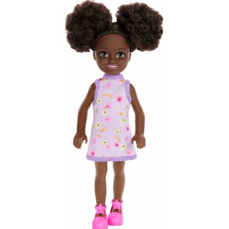 Mattel Barbie: Chelsea with Purple Floral Dress, Space Buns  Brown Eyes (Dark Skin) Doll (HXM96)