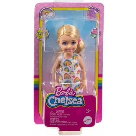 Mattel Barbie Club Chelsea Mini Girl Doll - Blonde Wearing Rainbow-print Dress and Yellow Shoes (HGT02)