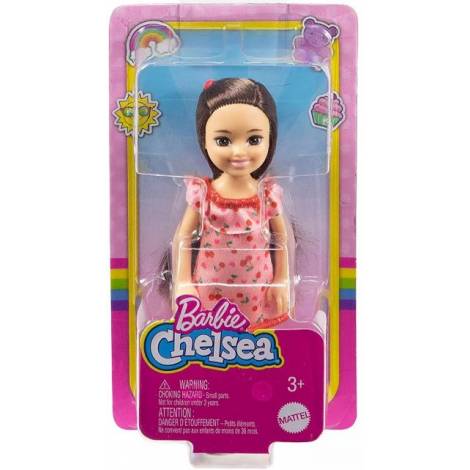Mattel Barbie Club Chelsea Mini Girl Doll - Brunette Wearing Ruffled Cherry-print Dress and Black Shoes (HGT05)