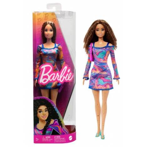 Mattel Barbie Doll - Fashionistas #206 With Crimped Hair And Freckles - Rainbow Marble Swirl Dress (HJT03)