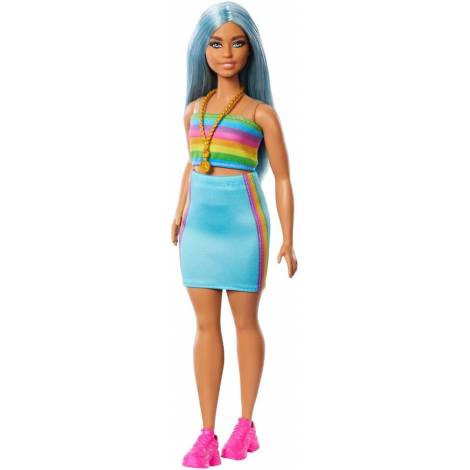 Mattel Barbie Doll - Fashionistas #218 Long Blue Hair Curvy Doll with Rainbow Top  Teal Skirt (HRH16)