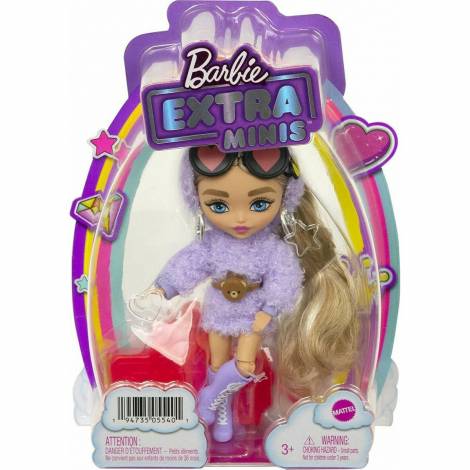 Mattel Barbie Extra Minis - Blonde Doll Wearing Fluffy Purple Fashion, with Doll Stand (HGP66)