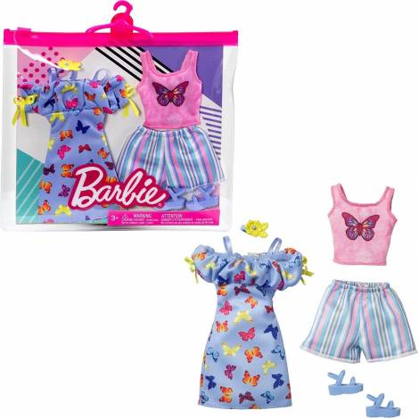 Mattel  Barbie Fashions 2-Pack Clothing Set, 2 Outfits Doll Includes Off-The-Shoulder Butterfly Print Dress, Butterfly Tank  Blue Short  (HBV68)