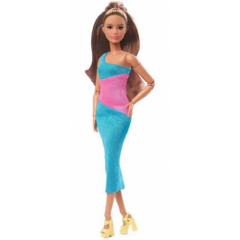 Mattel Barbie Signature Looks: Short Doll with Brunette Ponytail Turquoise/Pink Dress Model #15 (HJW82)