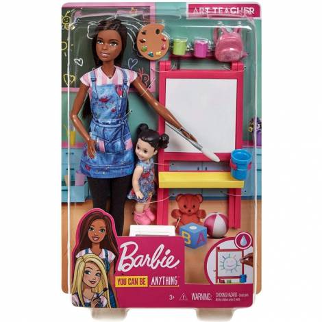 Mattel Barbie You Can be Anything - Dark Skin Doll Art Teacher with Brunette kid Doll (GJM30)