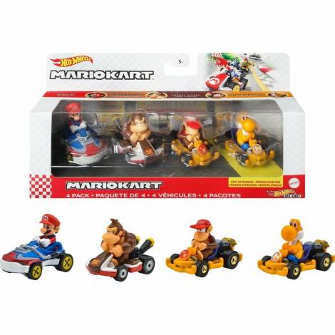 Mattel Hot Wheels: Mario Kart 4 Pack Vehicles (Mario, Donkey Kong, Diddy Kong, Orange Yoshi) (HDB22)
