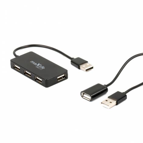 Maxlife Home Office USB 2.0 Hub (4xUSB 0,15m) + Καλώδιο επέκτασης 1,5 m σε χρώμα μαύρο