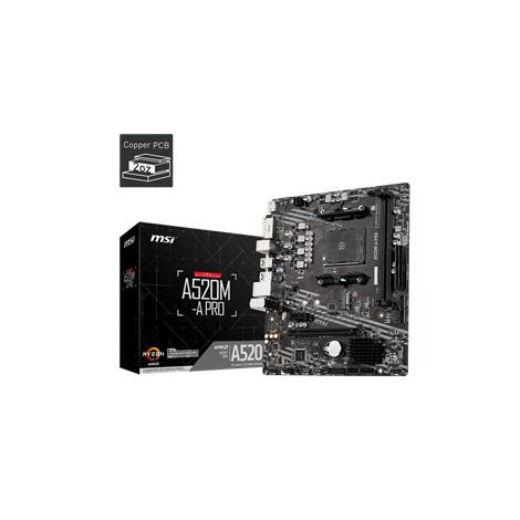 MSI MB A520M-A PRO, SOCKET AMD AM4, CS AMD A520, 2 DIMM SOCKETS DDR4, DVI-D/HDMI, LAN GIGABIT, MICRO-ATX, 3YW.