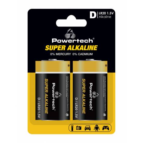 POWERTECH αλκαλικές μπαταρίες Super Alkaline PT-1217, LR20, 1.5V, 2τμχ
