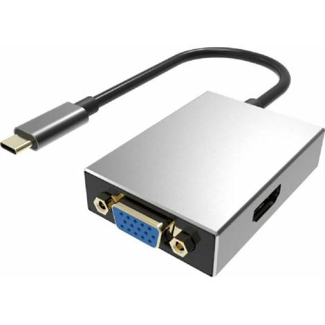 POWERTECH αντάπτορας Type-C σε VGA/HDMI PTH-050, με USB 3.0, γκρι