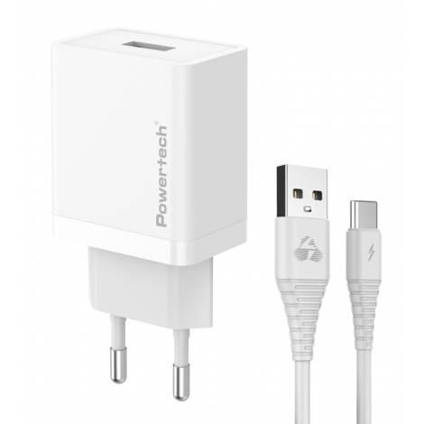 POWERTECH φορτιστής τοίχου PT-1322 με καλώδιο USB-C, USB, 12W, λευκός