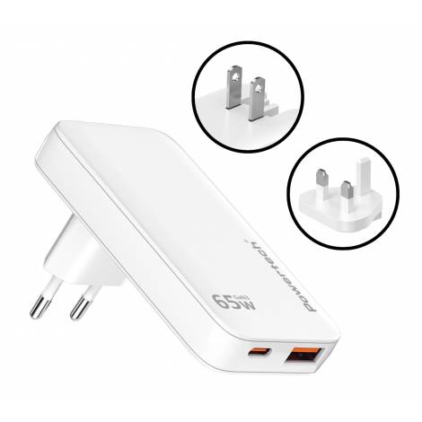 POWERTECH φορτιστής τοίχου PT-1532, EU/UK/CN βύσμα, USB/USB-C, 65W, GaN, λευκός