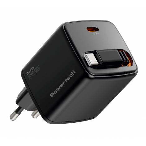 POWERTECH φορτιστής τοίχου PT-1571 με πτυσσόμενο καλώδιο, USB-C, 30W, GaN, μαύρος