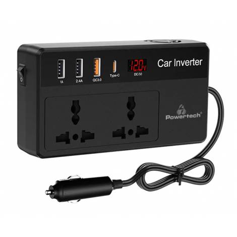 POWERTECH inverter αυτοκινήτου PTL-023, 200W, 12V DC σε 220V AC, με USB-C/3x USB