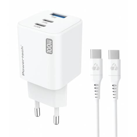 POWERTECH μίνι φορτιστής τοίχου PT-1671 με καλώδιο, USB/2x USB-C, 100W, GaN, λευκός