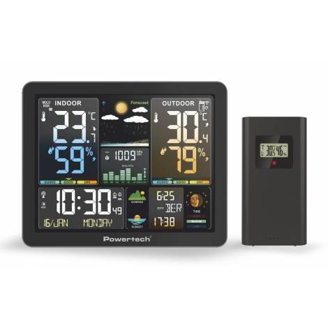 POWERTECH ψηφιακός μετεωρολογικός σταθμός PT-1660 με ασύρματο εξωτερικό αισθητήρα, ξυπνητήρι, μαύρος